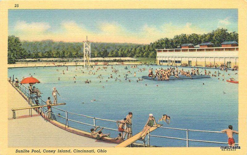 1940s Sunlite Pool Coney Island Cincinnati Ohio Teich linen postcard 9464