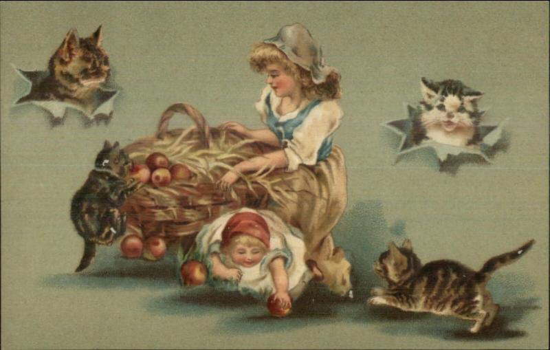 Cats - Kittens & Little Girls Playing Basket of Apples c1910 Embossed Postcard