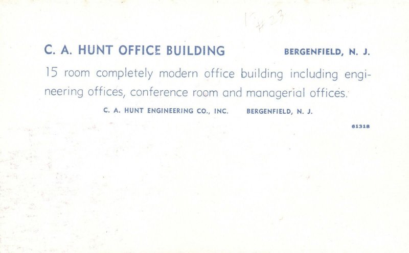 Vintage Postcard C.A. Hunt Office Building Modern Rooms Bergenfield New Jersey