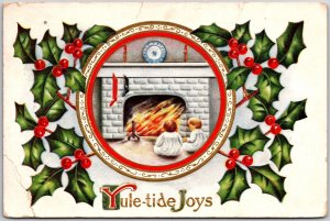 Christmas Children Fireplace Stocking Holly Leaf Cherry Postcard