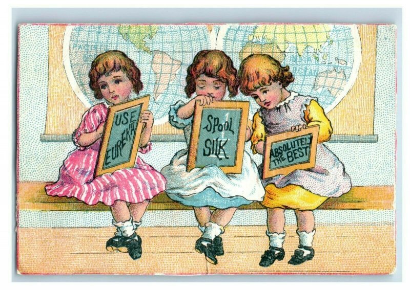 1880s-90s Victorian Trade Cards Girls  Puppies Globe Chalk Tablets Lot Of 2 P206