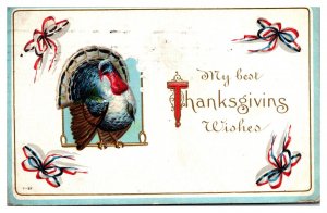 1914 My Best Thanksgiving Wishes, Turkey, Embossed, Greetings Postcard