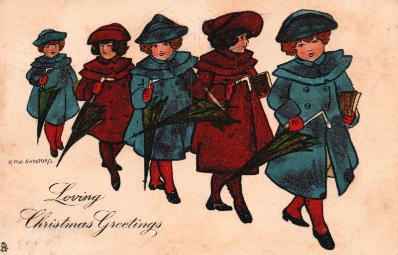 1905 Loving Christmas Greetings Children Caroling Holiday Vintage Postcard