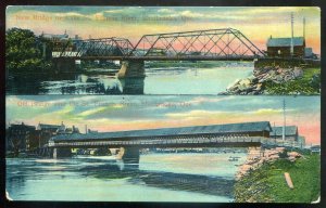 h98 - SHERBROOKE Quebec Postcard 1900s St. Francis River Bridge Old & New