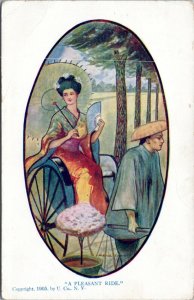 Postcard art - A Pleasant ride - woman with parasol riding in rickshaw