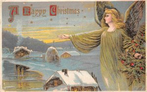 A HAPPY CHRISTMAS HOLIDAY GREEN DRESSED ANGEL TREE EMBOSSED POSTCARD 1910 PD