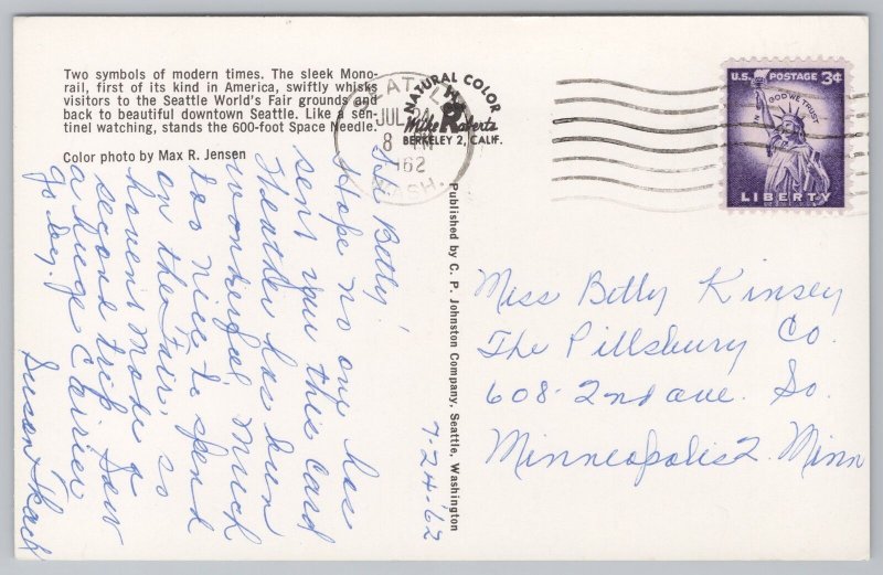 Seattle Washington~Monorail~Space Needle Behind~Classic Cars~1962 Postcard 