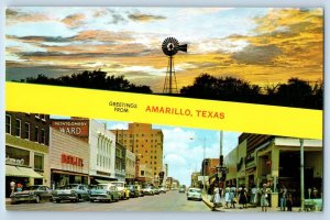 Amarillo Texas TX Postcard Sunset Windmill Panhandle Polk Street Downtown c1960