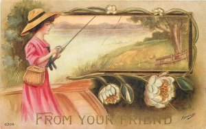 Postcard C-1910 Woman Friend Fishing Floral Frame 22-1333