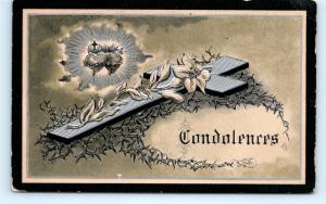 Postcard Condolences Black Thorns Silver Cross Death Mourning B40