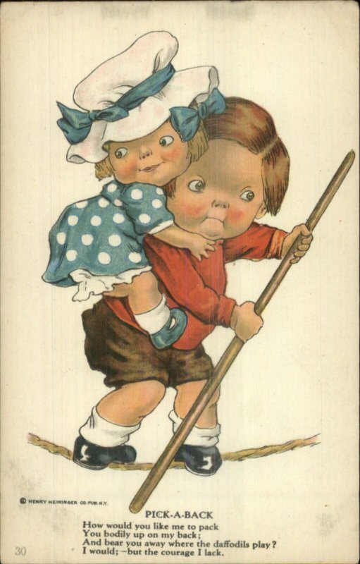 Boy Carries Girl on Back Pick-A-Back Piggy Back Poem Postcard c1910