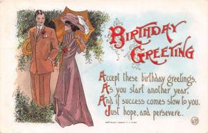 MAN IN SUIT~WOMAN ELEGANT DRESS & PARASOL~BIRTHDAY POEM~GREETING POSTCARD c1909