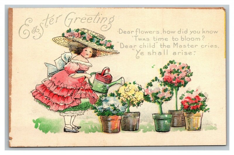 Vintage 1920's Easter Postcard Cute Girl Big Hat Pink Dress Watering Flowers