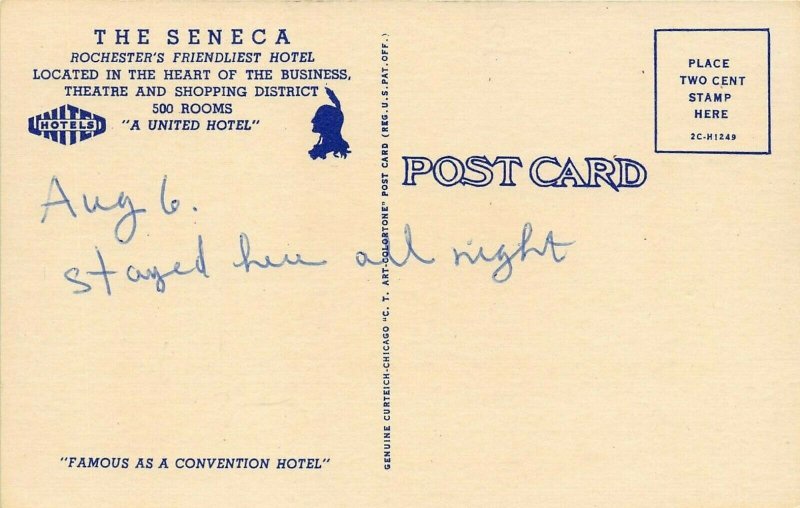Rochester New York 1950s Postcard Hotel Seneca