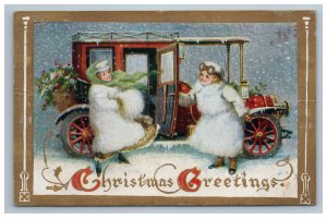 Early Christmas Greetings Postcard Old Hand Crank Car Women Fur Coats