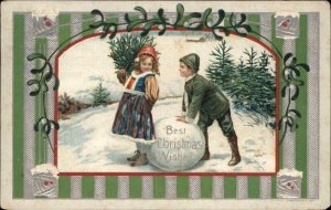 Christmas Winsome Little Girl Admiring Little Boy Mistletoe Border c1910 PC