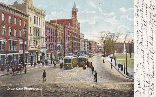 Massachusetts Worcester Street Scene Trolley 1909