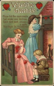 Valentine Women Decorate Little Boy Knitting c1910 Vintage Postcard