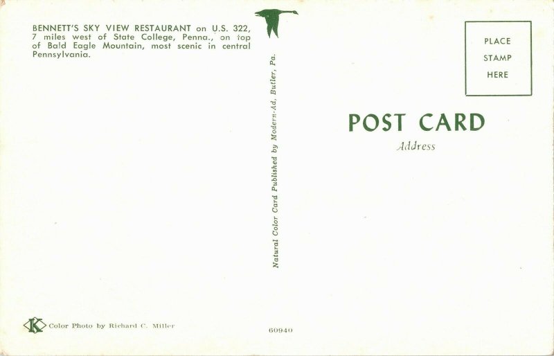 Interior Bennett's Sky View Restaurant Bald Eagle MT PA Vintage Postcard R36