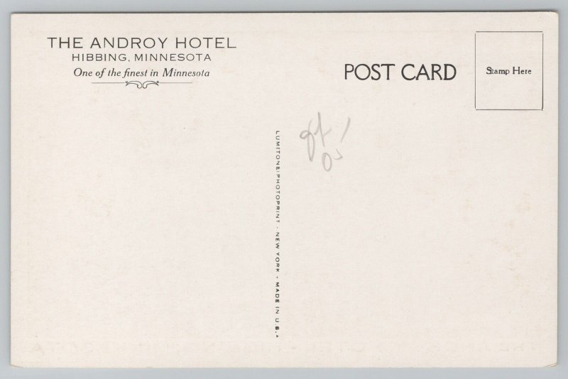 Hotel & Resort~The Androy Hotel~Hibbings Minnesota~Vintage Postcard 