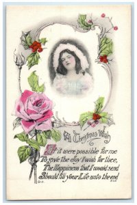 c1910's Christmas Wishes Pretty Girl Flower Holly Berries Antique Postcard