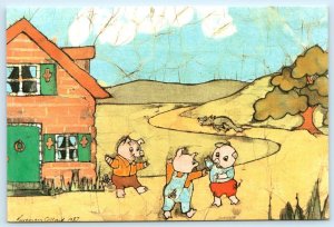 THREE LITTLE PIGS Batik Art by ROSEMARY COLLARD 1987 ~ 4x6Postcard