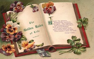 Vintage Postcard 1910s Book The Golden Rules Of Life Honour Thy Parents Greeting