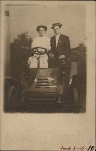 Car Auto Studio Prop Well-Dressed Man & Woman Forest Park Chicago IL RPPC