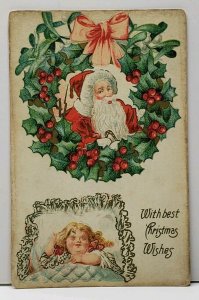 Best Christmas Wishes Santa Claus in Wreath Little Girl Embossed Postcard F15