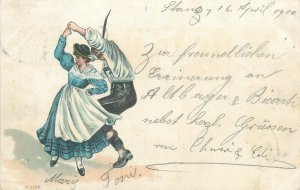 Swiss folk types dancing couple chromo lithography postcard Switzerland 1900 