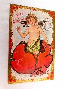 Circa 1910 Lovely Cupid Valentine Broken Heart Gilt Mica Vintage Postcard P29