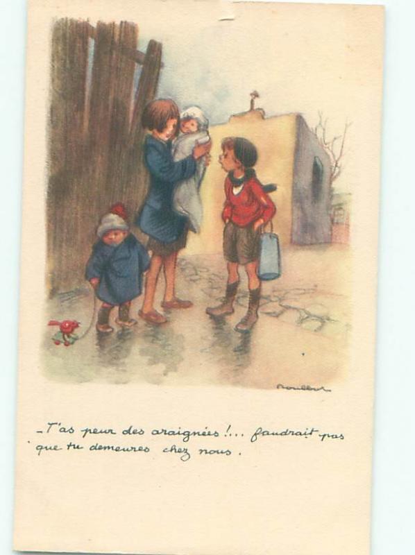 foreign Old Postcard signed FRENCH GIRL CARRYING BABY SISTER AC2813