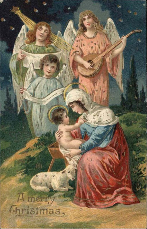 Christmas Nativity Angels Look On Mary with Baby Jesus c1910 Postcard