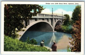 c1940s Spencer, IA Little Sioux River Concrete Arch Bridge Men Nature Scene A249