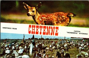 Greetings from Cheyenne WY Banner Multi View Deer, Rodeo Parade Vtg Postcard N33