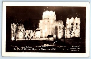 RPPC ST. PAUL WINTER SPORTS CARNIVAL, MN ~ Night View ICE PALACE 1941  Postcard