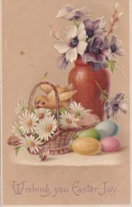 Easter Chick In Basket Of Flowers With Easter Eggs 1908