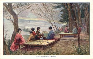 Lac d'Hakone Japan Beautiful Japanese Women on Lake c1905 Vintage Postcard