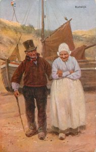 Ethnography topical vintage fine art postcard Katwijk costumes wood shoes sail