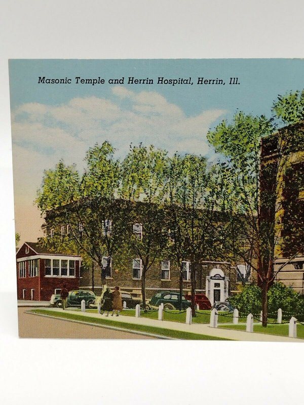 Postcard Illinois Herrin Masonic Temple and Herrin Hospital Old Car LInen Unpost