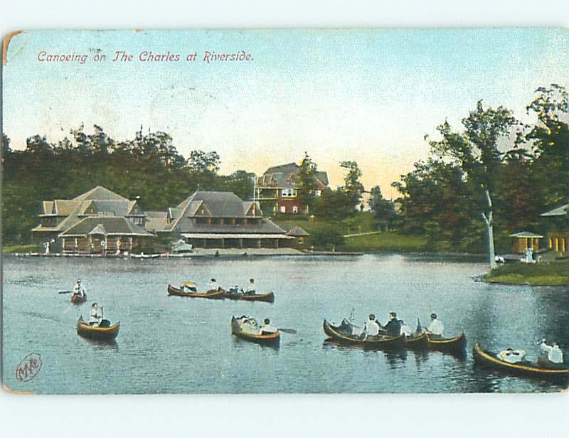 Divided-Back CANOE BOAT & BUILDINGS ON CHARLES RIVER Boston MA t6900