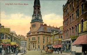 Fall River MA City Hall Street Scene Trolley Signs 1900s-20s Vintage Postcard