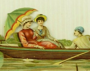 1870's-80's Die-Cut Two Lovely Ladies & Man In Boat Cute Dog Water Lilies 7-O