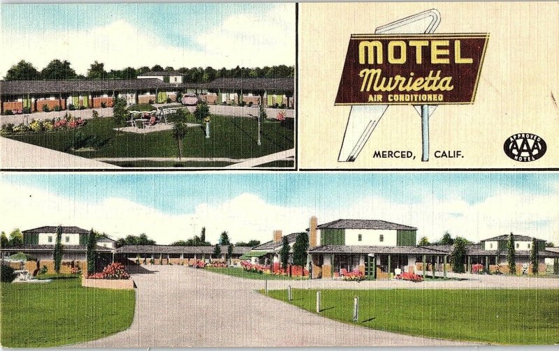 Vintage Air Conditioned Hotel Murietta In Merced, CA AAA Approved Postcard P125 