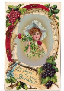 All Joys For Your Birthday, Girl, Roses, Antique Embossed Postcard, F. Brundage