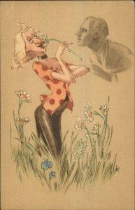 Unusual Ugly Woman Smelling Flowers in Field Thinks of Man Postcard