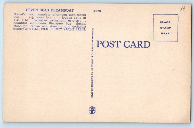 Miami Florida Postcard Seven Seas Dreamboat Biscayne Bay Islands c1940 Vintage