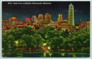 Minneapolis Minnesota~City Lights~Skyline @ Night~1941 Linen Postcard