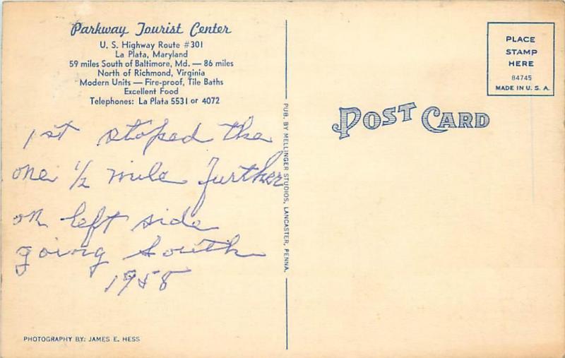 LA PLATA, Maryland  MD   PARKWAY TOURIST CENTER Roadside Linen  1958  Postcard