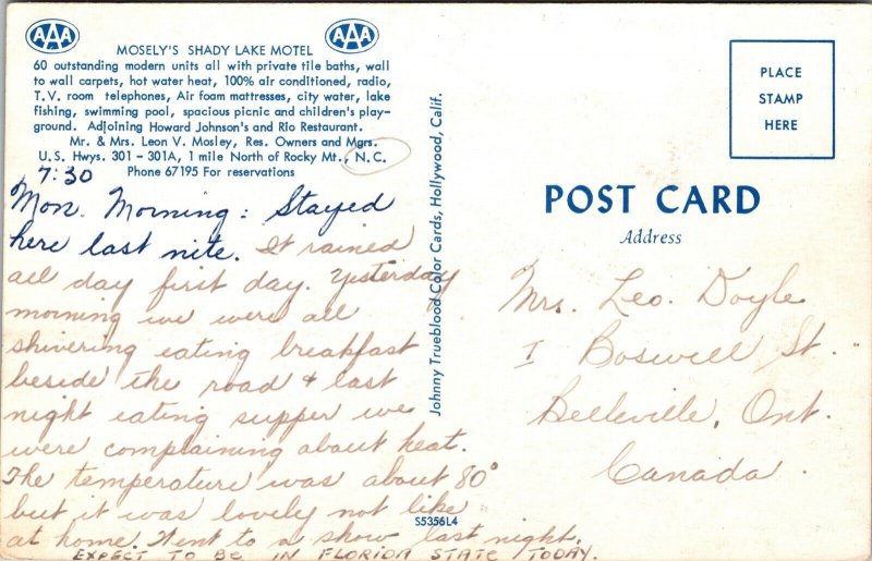 Postcard Mosely's Shady Lake Motel in Rocky Mountain, North Carolina~136319